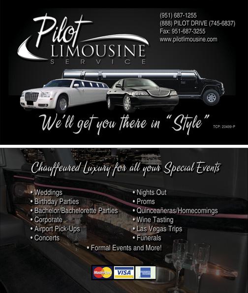 business card from Pilot Limousine Service in Riverside, CA 92503